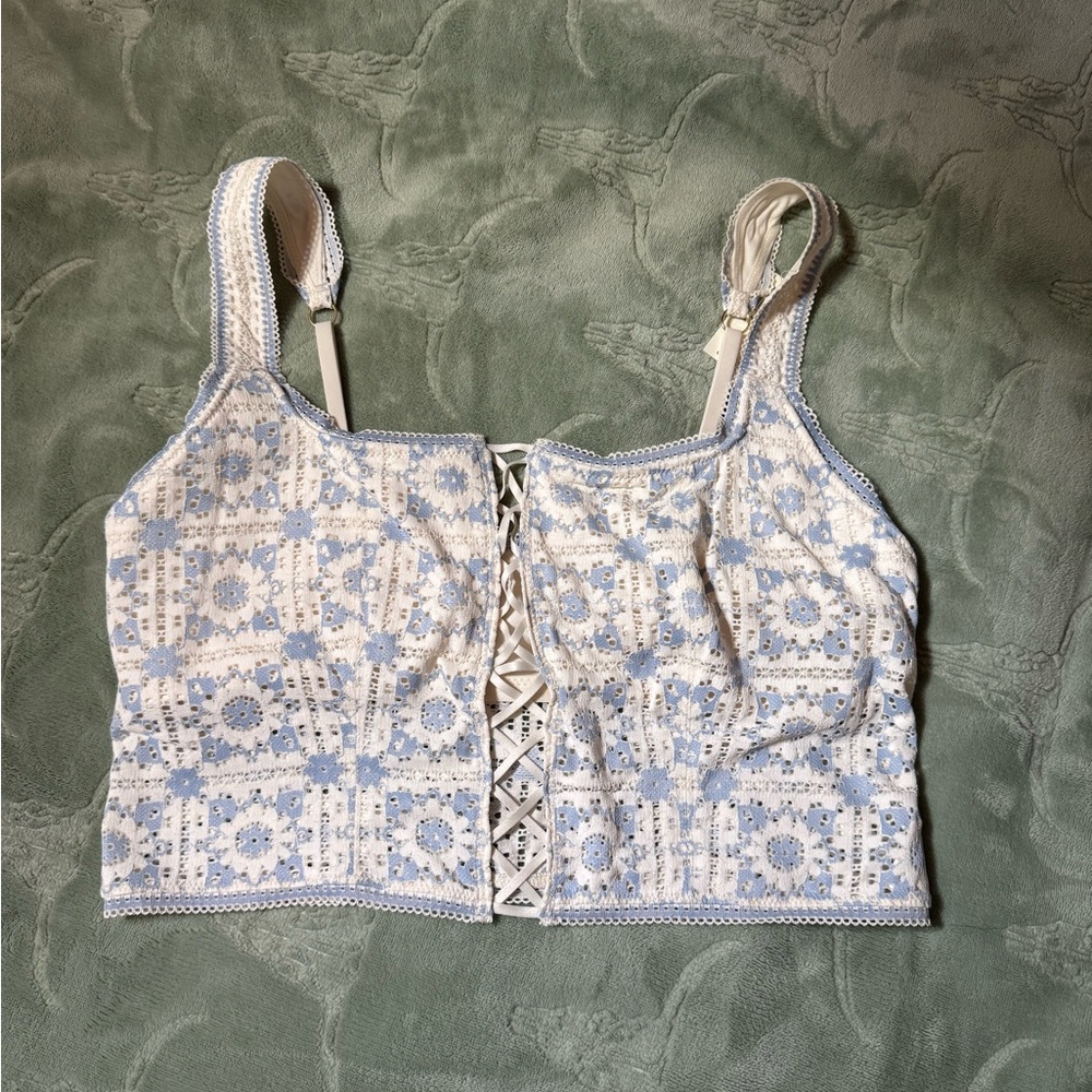 Aerie Blue and White Lace-Up Crop Top